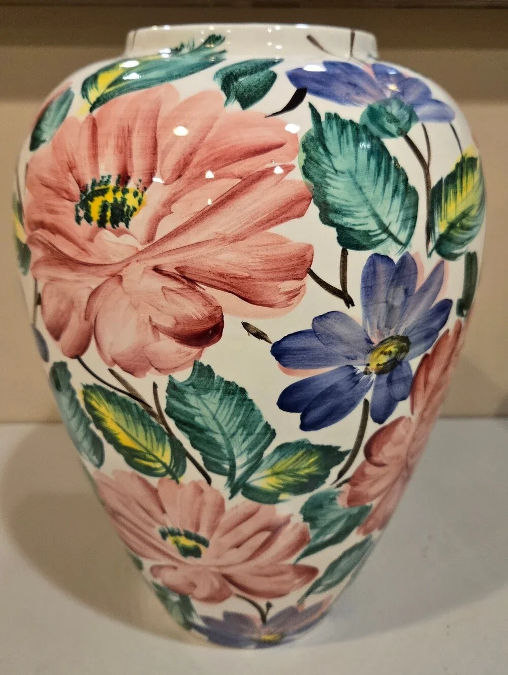 Hand-Painted Italian Floral Ceramic Vase in White, Pink, Blue & Green